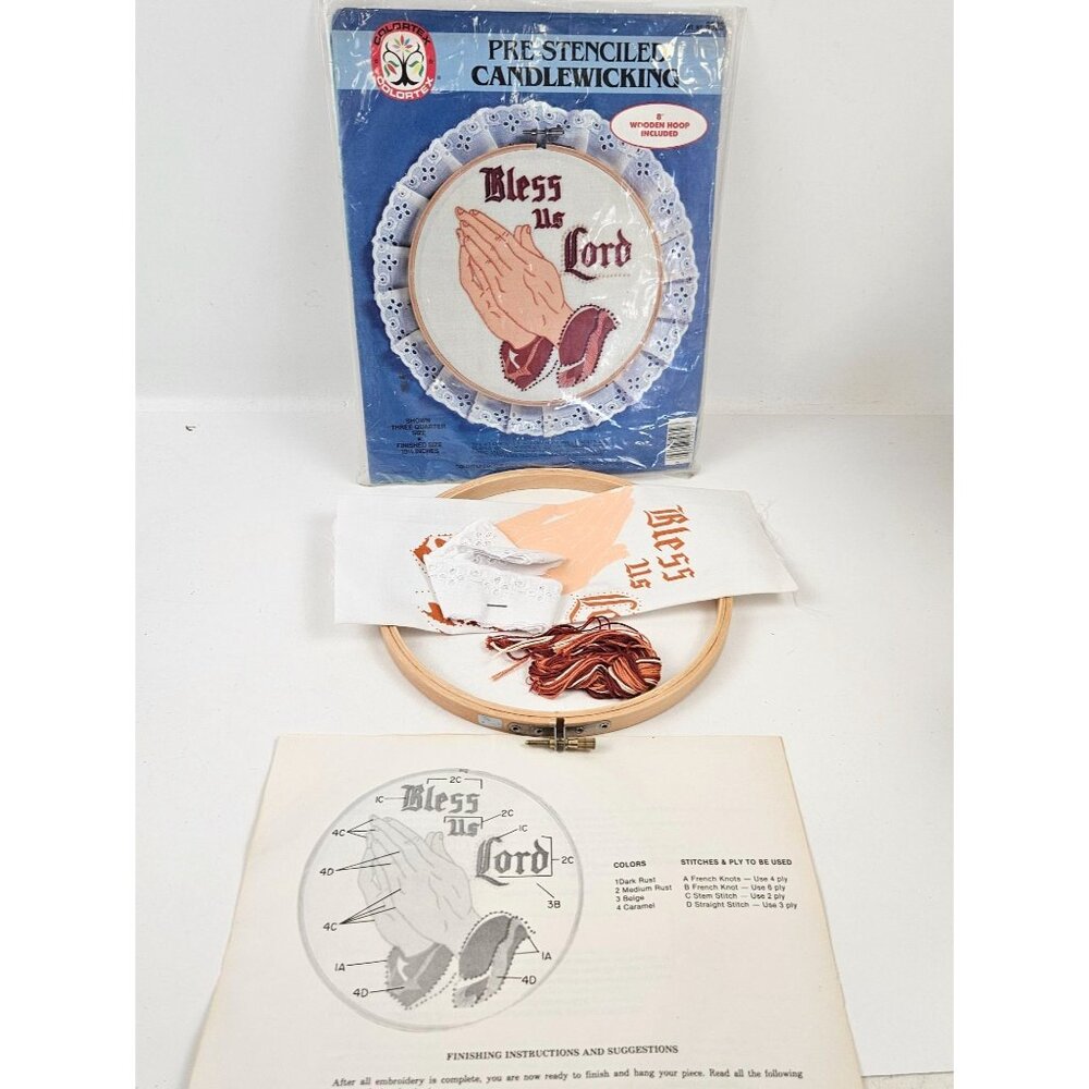 Vintage Colortex Candlewicking Kit Bless Us Lord Praying Hands Pre Stenciled